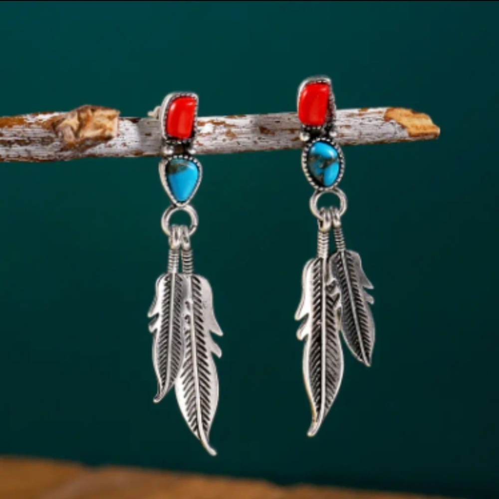 Antiqued Silver Long Feather Tassel Drop Earrings Colorful Torquoise Coral - Picture 5 of 5